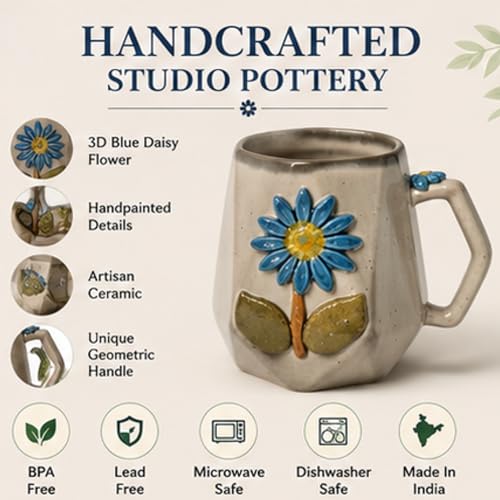 Image of Handmade Ceramic Coffee Mug with 3D Blue Daisy Flower, Handpainted Pottery Tea Cup, Microwave Safe, Dishwasher Safe, BPA Free, 240ml Floral Mug for Coffee Tea & Beverages