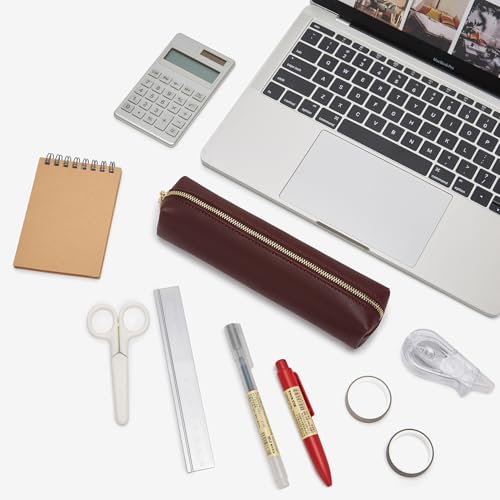 Image of Faux Leather Color Pencil Case Multifuncional and Simple with Zipper for School (Burgundy)