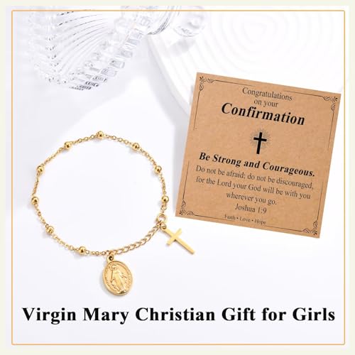 Image of Catholic Gifts for Girl Virgin Mary Christian Cross Bracelet First Communion Baptism Confirmation Gifts For Teen Girls Link Jewelry