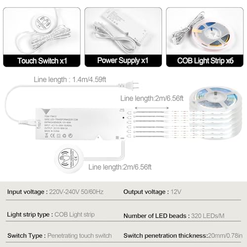 Image of COB LED Strip Light Kit-6pcs Self-Adhesive LED Light Parallel with Dimmable Touch Sensor Switch, Led Light Strip for Wood Slat Wall Panels (White, 6 X 3.3FT)