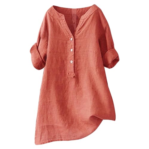 Blusa de muselina para mujer, manga 3/4, holgada, cuello de pico, monocolor, camiseta grande, ligera y transpirable, respetuosa con la piel, blusas y túnicas para mujer, naranja, S