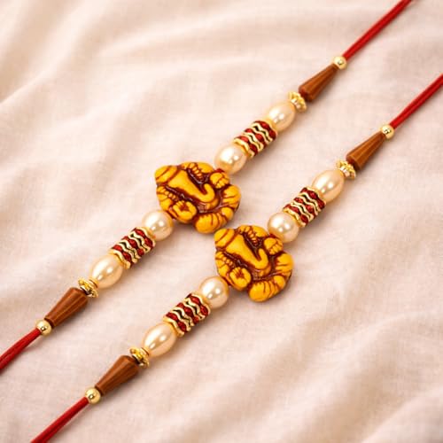 Image of Riddhika Ventures Lavish Pearl and Diamond Ring Bhaiya Bhabhi Rakhi (Set of 2) with Roli Chawal & Greeting Card | Raksha Bandhan Special