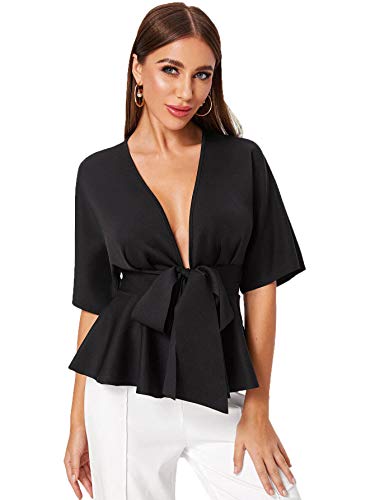 SheIn Women's Plunge V Neck Short Sleeve Ruffle Hem Tie Front Peplum Top Blouses Black Large