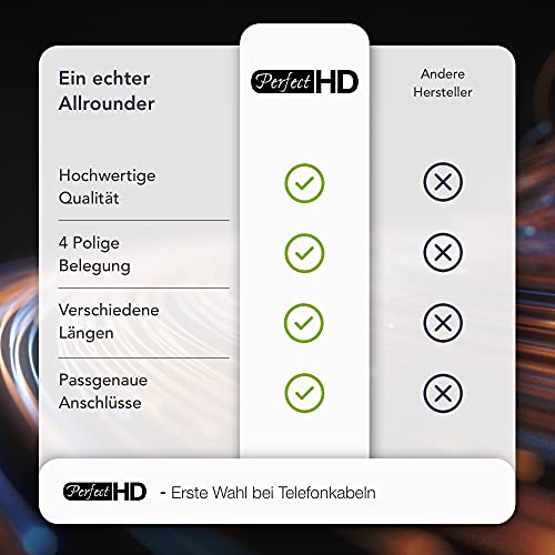 PerfectHD 3m TAE Verlängerungskabel, TAE-F Stecker auf TAE-F Buchse, Telefonkabel, Schwarz, 3 Meter