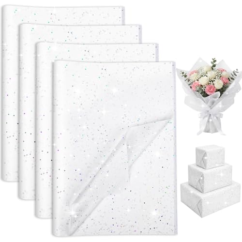 woric 135 Sheets White Tissue Paper for Gift Bags 20 x 14 Inch Glitter Tissue Paper for Birthday Baby Shower Wedding Decor Art DIY Crafts