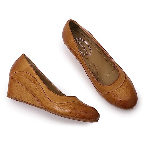 Image of Mona flying Women's Leather Closed Toe Mid Heel Wedges Comfy Dress Pumps