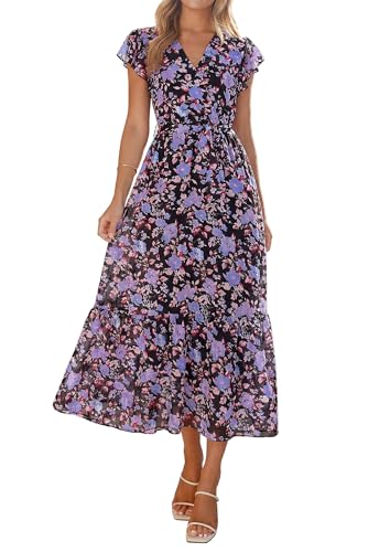 Image of PRETTYGARDEN Women's Summer Floral Boho Maxi Dress | Short Sleeve Wrap V Neck, Long Flowy Ruffle Dresses, Spring Wedding Guest Outfits for Beach Vacation, Resort Wear, Tea Party