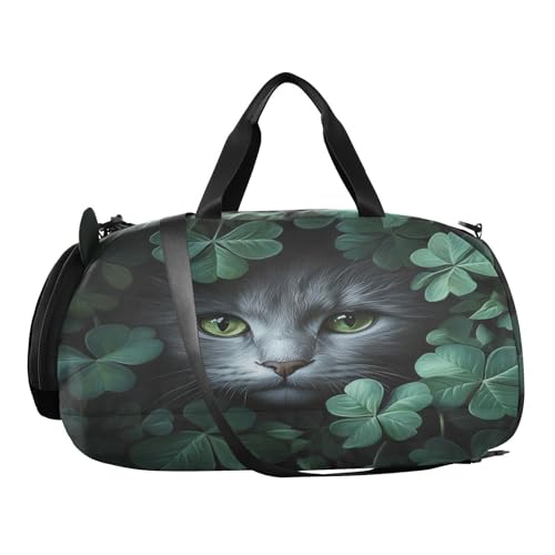 Gray Cat Clover Kids Travel Duffel Bag for Boys Girls Overnight Weekend Tote Bag with Shoes Compartment for Sleepover Trip Beach2