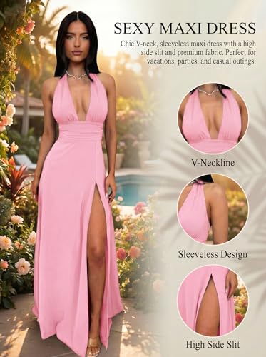 Image of Ekaliy Womens Sexy Halter Deep V Neck Maxi Dress Sleeveless Backless Split Long Dress