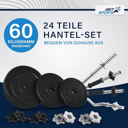 ArtSport 3-in-1 halterset met 2 korte halters, 1 lange halter & 1 SZ-curlstang - 12 gewichten met 60 kg en stersluitingen - halterset voor krachttraining - Afbeelding 3