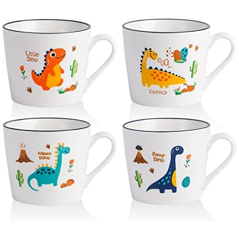 CHILDIKE Ceramic Dino Mug 13 Oz Dinosaur Cup, Cute Porcelain Mug for Breakfast, Cereal, Kawaii, Cartoon, Christmas & Holiday Gifts for Kids, Girls, Boy, Microwave Safe, Set of 4 Cover