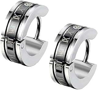 Flongo Men's Classic Biker Stainless Steel Engraved Roman Numerals Classic Polished Hoop Hinged Earrings
