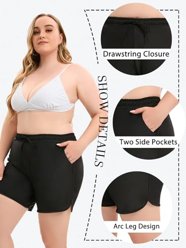 Image of Women's Plus Black Swim Shorts Tummy Control Swim Trunks High Waisted Bathing Suit Long Tankini Bottoms with Pockets 3XL