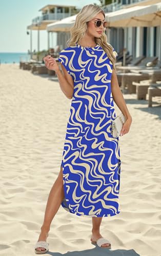 Image of HiMONE Beach Vacation Dresses for Women 2025 Sundress Cap Sleeves Casual Maxi Beach Dress with Pockets XS-2XL