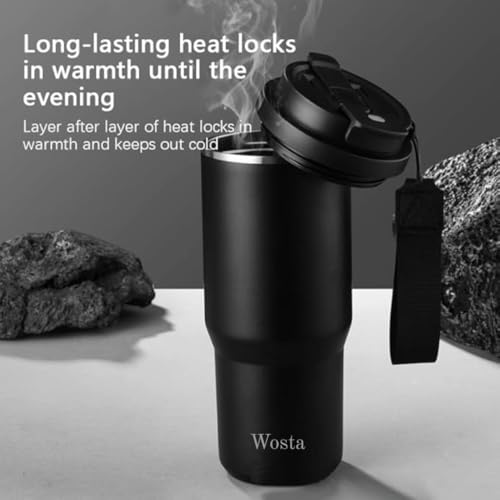 Image of Wosta 750 ml Stainless Steel Insulated Tumbler - Dual-Lid (Flip-Sip + Straw), Tea /Fruit Strainer, Leak-Proof Screw-On Lid, Silicone Straw & Hanging Belt. (Black)