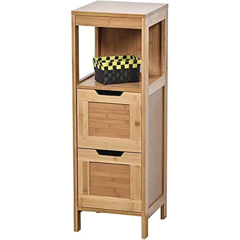 Armario de baño Mueble Baño con 1 Cajón y 1 Puerta Madera y Bambú 33x30x90 cm Cover