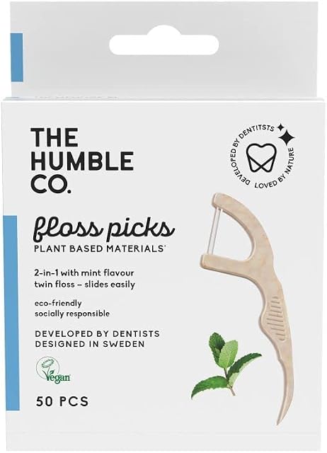 The Humble Co. Plant Based Floss Picks | Fresh Mint | Eco-Friendly, Vegan for Your Everyday Oral Care - Dentist Approved - Removes Plaque and Gives a Fresh Feel (1 x 50p)