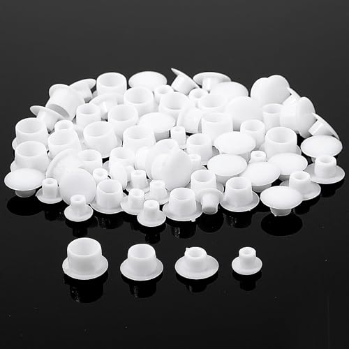 GEEHUA 120 Stück weiße Kunststoff-Lochstopfen, Vier Größen Runde Knopfstopfen, Kappe Bohrschraube Abdeckstopfen Knopfoberteile für Schrank, Schrank, Regal, Möbel (5 mm/6 mm/8 mm/10 mm)