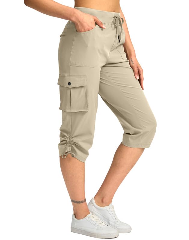 Pudolla Women's Cargo Capri Pants Hiking Travel Casual Capris with 5 Pocket