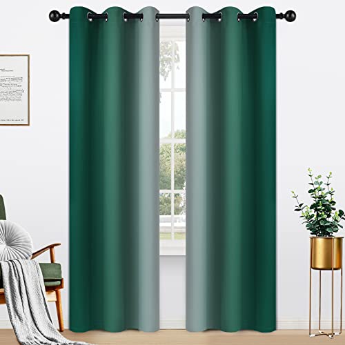 Yakamok Dark Green Ombre Curtains 84 Inches Long, Light Blocking Gradient Color Curtain Panels, Room Darkening Grommet Window Drapes for Bedroom(42x84 Inch, 2 Panels)