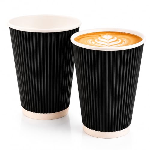 Image of Packaging Mania Ltd - 50 x 12oz Disposable Ripple Black Kraft Coffee Cups – Triple Wall Insulated Leak-Proof Paper Cups for Hot Drinks, Tea, Coffee, Cappuccino & Beverages