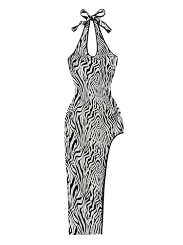 SOLY HUX Women's Zebra Striped Halter Maxi Dress Sleeveless Asymmetrical