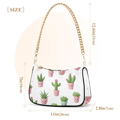 Cute Cartoon Succulents Pink Green Tote Handbags Womens Lady One Shoulder Bag Zipper Retro Formal Purse Hobo with Chain Strap3