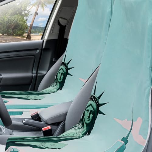 Image of Hahafelt 2 Pack Car Seat Towel Covers with Storage Bag, 63 x 32 Inch Universal Non Slip Waterproof Sweat Protector for Car Truck, Gym Swimming Running, Machine Washable (Statue of Liberty)