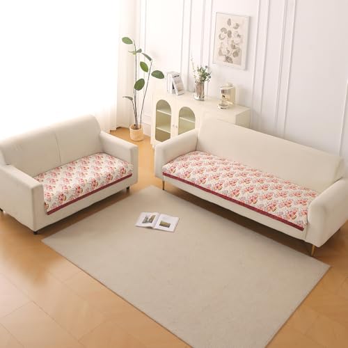 Image of HOKIPO 'Florentina Series' Premium Holland Velvet 5 Seater Sofa Cover Mat in 3+2 Configuration with Foam Filling for Extra Softness, Anti-Slip Backing, Autumn Cream (IN-881+879-V3)