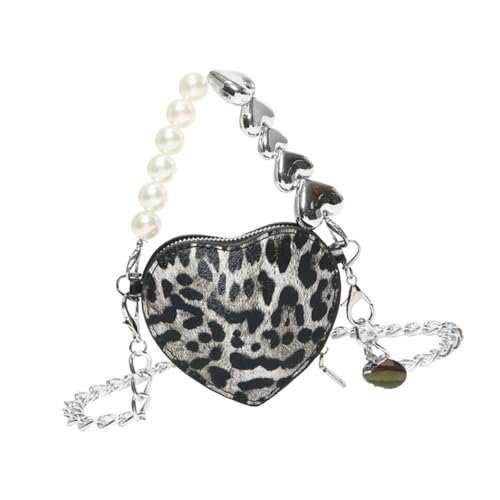 Bwuikim Bolso bandolera de poliuretano con estampado de leopardo y corazón con cadena para mujer, elegante bolso cruzado de noche, bolso de mano con correa de cadena, Black