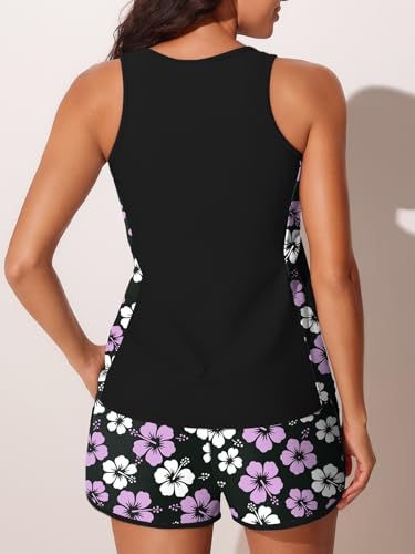 Image of Summer Mae Blouson Tankini Swimsuits for Women 2025 Tummy Control Two Piece Bathing Suits with Sporty Pockets Swim Shorts Purple Hibiscus Size 12