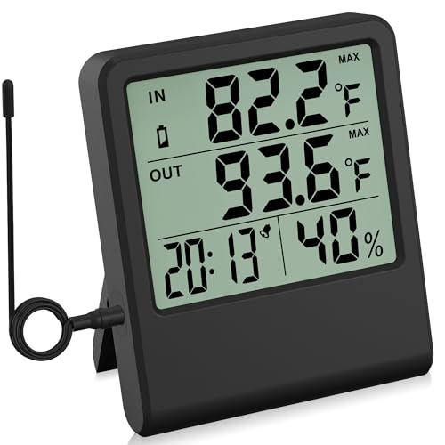 4-in-1 Digital Thermometer Hygrometer with Alarm Clock – Large LCD Display, Indoor/Outdoor Waterproof Probe (1.5 m), Fast Refresh (10 s), Max/Min Memory, °C/°F Switch, Wall/Desk/Magnetic Mount
