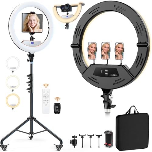 18" Foldable Ring Light with Stand for iPhone ipad Camera, 75" Tripod with Wheels 38W 6500K LED Display/Remote/2 USB Ports Large Big Ringlight Rolling for YouTube Facebook TikTok Live Video Recording
