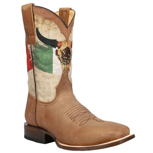 ROPER Mens Viva Mexico Patriotic Square Toe Pull On Casual Boots Mid Calf - Beige, Brown2