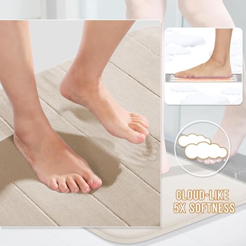 Image of Yimobra Memory Foam Bathroom Rugs Sets 2 Piece - Super Soft Absorbent Quick Dry Bath Mat Set, Machine Washable Non Slip Floor Carpet for Tub Shower & Single Sink (17x24 & 31.5x20 Inch, Beige)