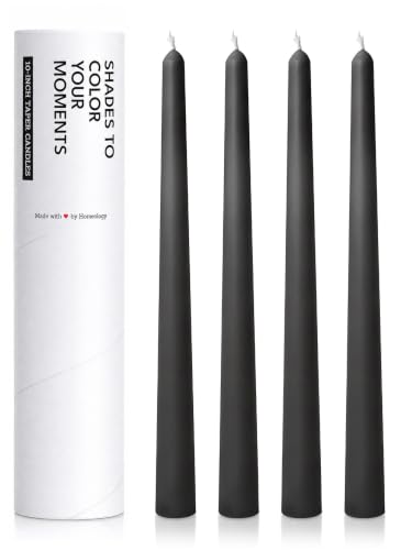 Homeology 10" Classic Taper Candles, Charcoal Black, 4-Pack, 7-8 Hours Long Burning, Unscented Tall Candlesticks