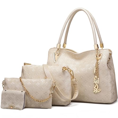 Women Fashion Synthetic Leather Handbags Tote Bag Shoulder Bag Top Handle Satchel Purse with Pendant Set 4pcs - Main Image