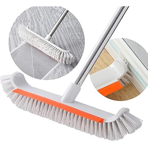 Quanerba Floor Scrub Brush With Adjustable Long Handle (51in) And Squeegee, Stiff Bristles (Brush Length:14in) 2 In 1 Scraper Patio Sweeping Deck, for Cleaning Kitchens, Bathrooms, Tiles, Patios, Pool Cover
