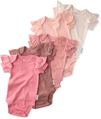 Butterblu Rory 5‑Pack Short Sleeve Ruffle Shoulder Bodysuits – 100% Organic Cotton for Baby Girls, S...