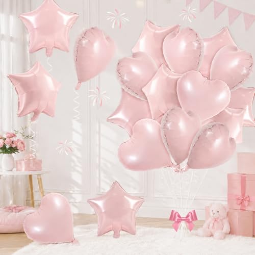 TONIFUL 18 Inch Lingt Pink Star and Heart Foil Balloons, 18PCS Pastel Pink Helium Mylar Shaped Balloons for Gender Reveal Baby Girls Shower Wedding Anniversary Women Birthday Party Decoration