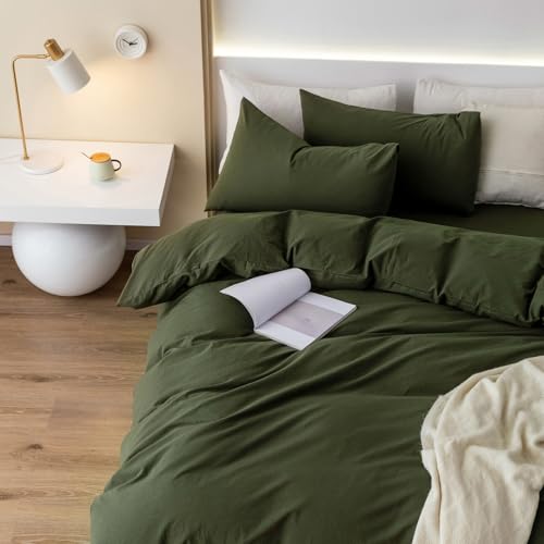 JIYUAN Oversized Queen Duvet Cover Set, 3-Piece - 100% Washed Cotton, Linen-Like Soft & Breathable with Zipper Closure, Includes 98x98 Inch Cover & 2 Pillowcases, Solid Olive Green by JIYUAN - Used condition - Image 2