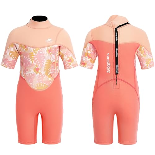 Gogokids Shorty Neoprenanzug Kinder, 2,5mm Neoprenanzüge Rückenreißverschluss Kleinkinder Kurze Nassanzüge Komfort & Wärme, UV Neopren für Schwimmen, Schnorcheln und Surfen, Alter 5-6 Mädchen, Rosa