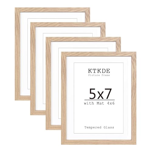 KTKDE 5x7 photo frame set 4, MDF wrapped wood grain paper frame 4x6 pad or 5x7 without pad, tempered glass, the best gift for photo frame wall or table, family or friends' wedding home decoration