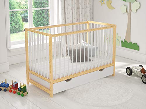 Cuna de Madera para niños con cajón 120 x 60 cm + colchón de Espuma + Barrera de Seguridad de Madera Cover