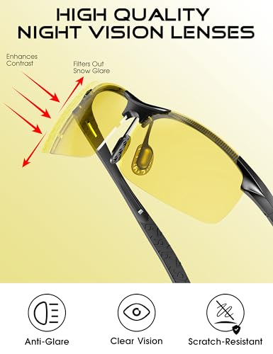 ATTCL Polarized Night Driving Glasses: UV400 Anti Glare Night Vision Glasses Lightweight AL-MG Yellow Tinted Sunglasses for Mens