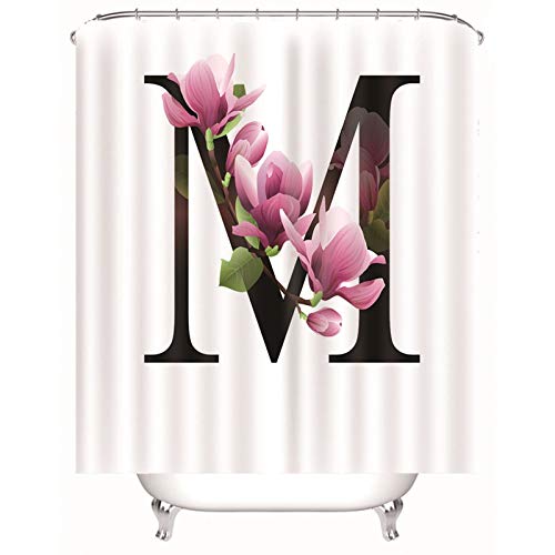 Isdreem Duschvorhang Zum Klemmen Lustige Duschvorhänge Buchstabe M Mit Blume New York Badewanne Elegant Weiß Rosa Schwarz Wasserdichtes Polyester, Leicht Reinigen 200x180cm