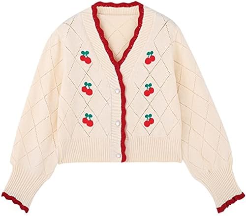 Women Knitted Sweaters Cardigans Floral V Neck Long Sleeve Girls Sweet Vintage Casual Coat Y2k Jumper (Color : Green, Size : F)