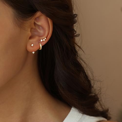 HANCAO 14K Gold Plated Sterling Silver Post | Dainty Earrings Set for Women: Cubic Zirconia Stud Earrings, Jacket Earrings, Ear Climber, Huggie Hoop Earrings for Multiple Piercings (3 Pairs Set) - Thumbnail 2