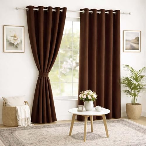 Image of Roseate 100% True Black Out Curtains (8 Feet /Set of 2) Solid Room Darkening Curtain & Thermal Insulated for Bedroom, Living Room (Dark Brown / 116x242 cm)