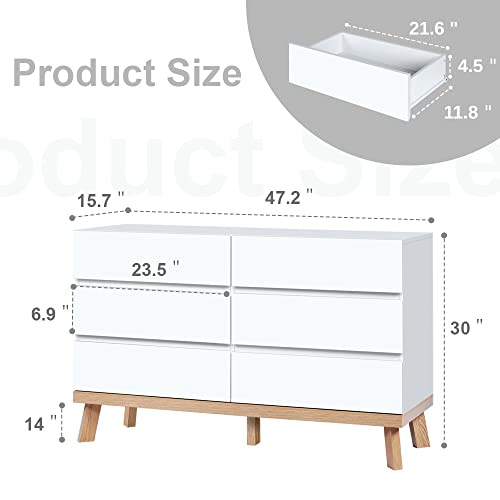 Modern White Dresser 6 Drawer Chest Of Drawers For Bedroom Dresser Wood Organizer With Wide Storage Space, Storage Tower Clothes Organizer, Large Storage Cabinet For Bedroom, Living Room, Hallway #TOP3